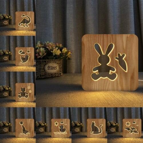 Rabbit Bear Dinosaur Cat Duck 3D LED Wooden Night Light Table Lamp USB Power Desk Lights For Baby Kids Unique New Year Gift