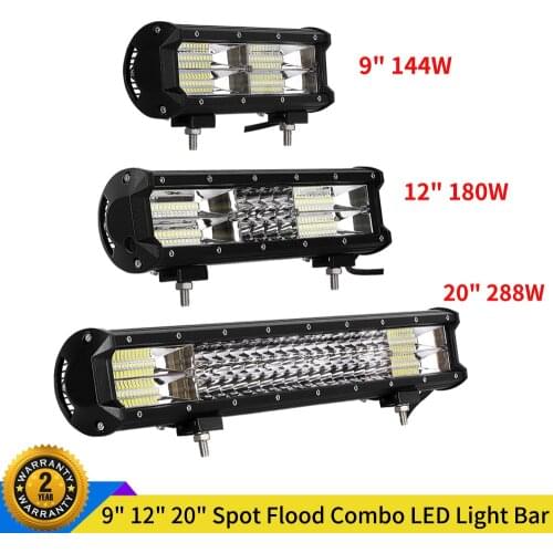 9" 12" 20" Off road LED Light Bar 144W 180W 288W Spot Flood 3 Rows Work Light Ledbar for Offroad ATV Truck Jeep Tractor 12V 24V