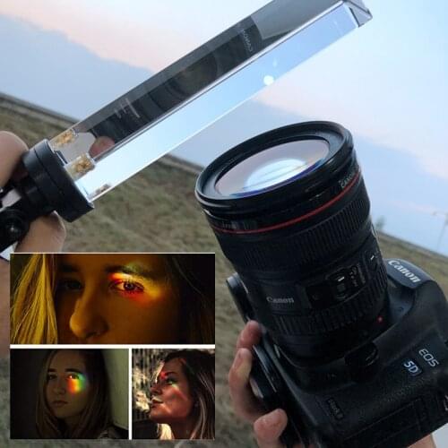 Crystbal Glass Photography Triangular Prism, with Gold Screw Perforation and Bracket, Rainbow Prism, Crystal Glass Effect Filter