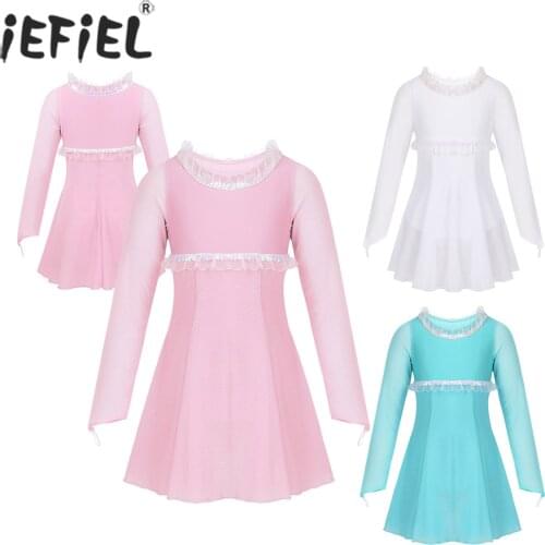 Kids Girls Sequins Figure Skating Dress Ruffles Trimming Gymnastics Leotard Roller Ice Skating Ballerina Dancewear Tutu Costumes