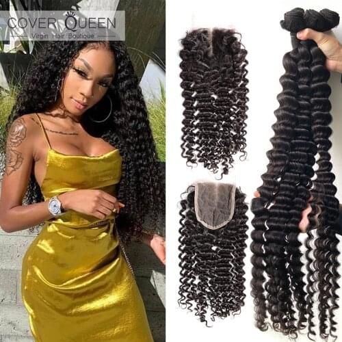28 30 32 34 36 38 40 inch Curly Brazilian Hair Weave Bundles With Closure 100% Human Hair Bundles With Lace Closure Deep Wave