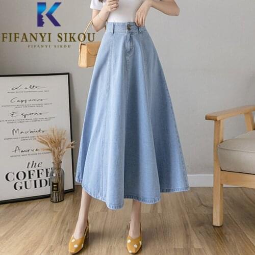 Spring Summer Women Denim Skirt Korean Fashion High Waist Long Skirt Pocket Casual Loose A-Line Jeans Skirts Female 2021 New