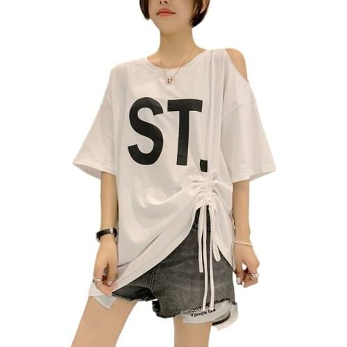 2021 summer new Korean version of the long loose-sleeved t-shirt women off-the-shoulder large size thin draw rope ins top tide