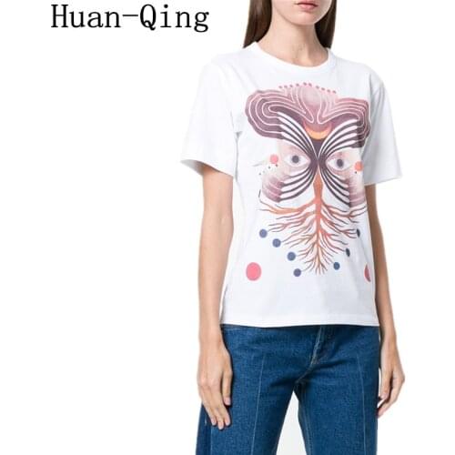 Runway Womens tshirt Summer 2018 Sweet Girls Luxury Print White T Shirt O-Neck Short Sleeve Female Casual Cotton t-shirt Tees