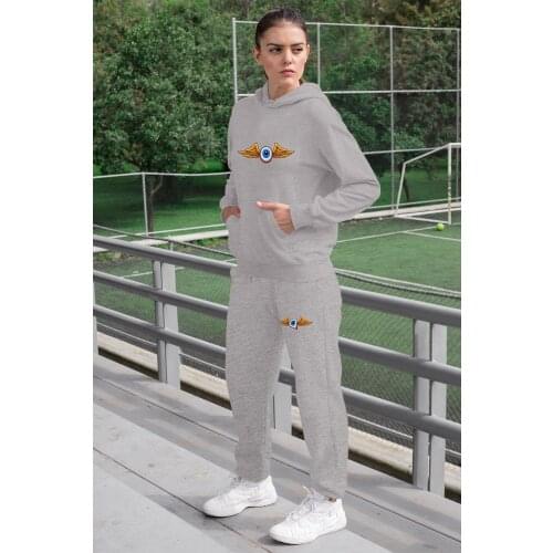 Angemiel Wear Kantalı Eye Women Tracksuit Set Gray Hooded Sweatshirt Gray Sweatpants