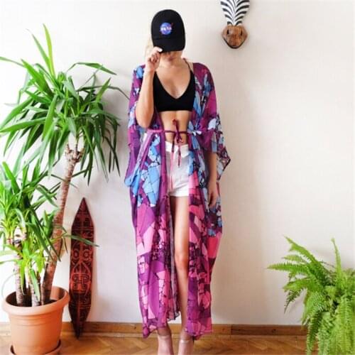 Women Beach Dress Chiffon Lace Kimono Beach Cover Up Bohemian Style Long Dresses Loose Casual Swimwear Swimsuit Bikini Cover
