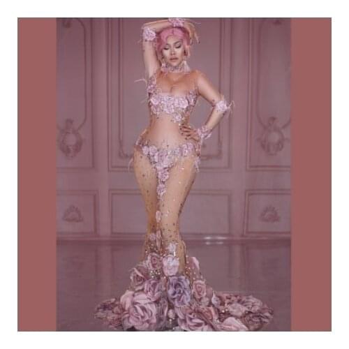 Feather Crystals Stage Dress Sexy Party Pink Floral Mermaid Dress Women Prom Floor Length Slim Dress Singer Performance