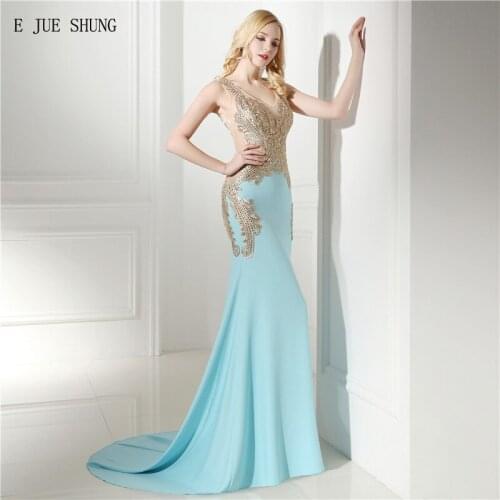 E JUE SHUNG Blue And Gold Lace Appliques Luxury Mermaid Evening Dresses Long Crystals Sheer Back Evening Gowns Formal Dresses
