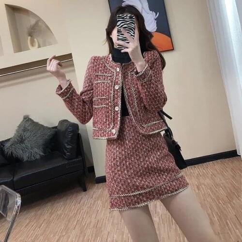 Winter Suits Womens Quilted Tweed Jacket All-Match High Waist Skirt Two-Piece Sets