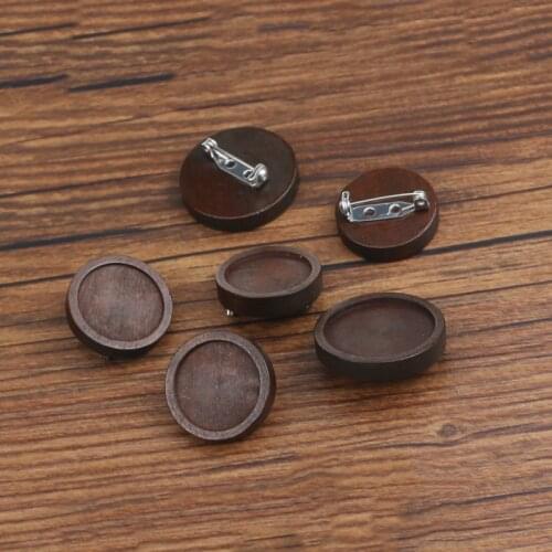 10pcs Brown Wood Cabochon Blank Brooch Base Settings 20 25mm Round Bezel Tray Diy Stainless Steel Pin Jewelry Making Supplies