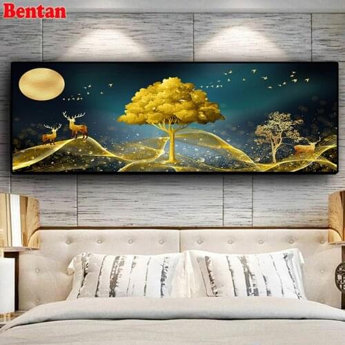 Gold Tree and Deer Landscape Diamond embroidery square round mosaic pictures of rhinestones large 5d diy diamond painting kit
