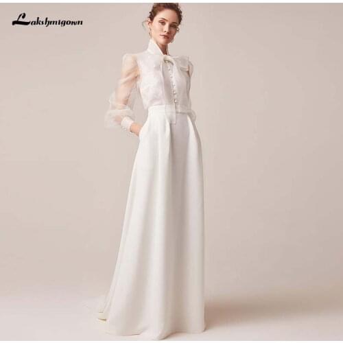 Vintage Ivory Bridal Wedding Gowns Satin Long Sleeves Illusion Jewel Neck Bridal Dresses