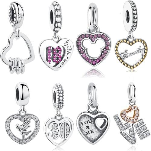 Authentic 925 Sterling Silver Bead Charm Crystal CZ Love Heart Pendant Charm Fit Bracelet & Bangle Women DIY Jewelry