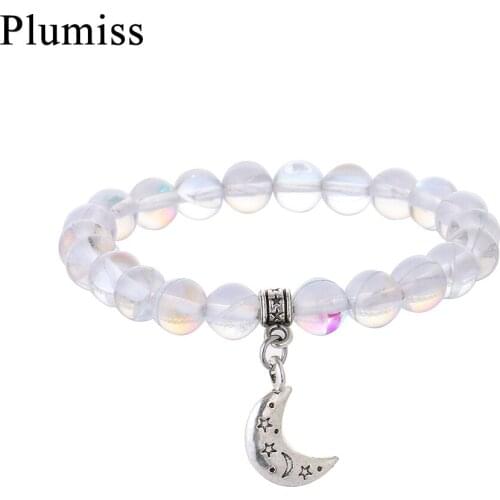 Trendy Moonstone Bracelet for Women Natural Stone Bohemian Jewelry Moon Star Accessories Charm Bracelets Agalmatolite Feather