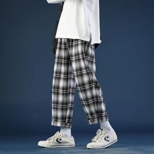 Korean version lazy loose straight pants fashion wide leg pants high waist plaid pants trend black white show thin casual pants