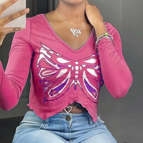 Streetwear new V-neck design printed butterfly contrast color irregular long-sleeved T-shirt