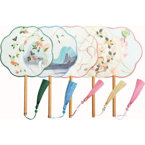 Chinese Style Antique Translucent Handheld Round Circular Fan Vintage Lotus Flower Print Dancing Paddle Hand Fans