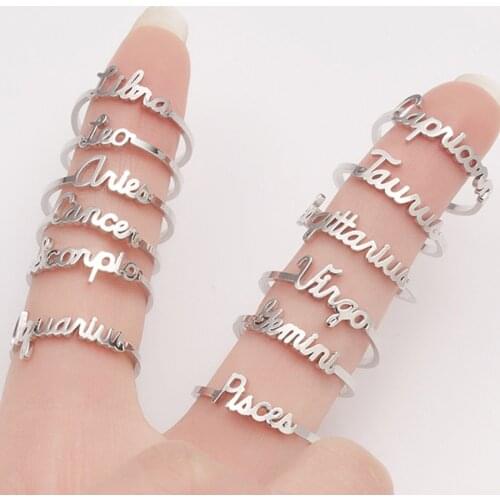 Minimalist Silver Color 12 Star Zodiac Signs Open Finger Rings Birthday Friendship Jewelry Gifts 12 Constellation Letters Rings
