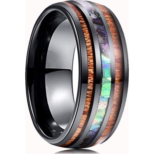 Fashion 8mm Black Stainless Steel Rings Hawaiian Koa Wood and Abalone Shell Opal Inlay Ring Wedding Band Mens Jewelry