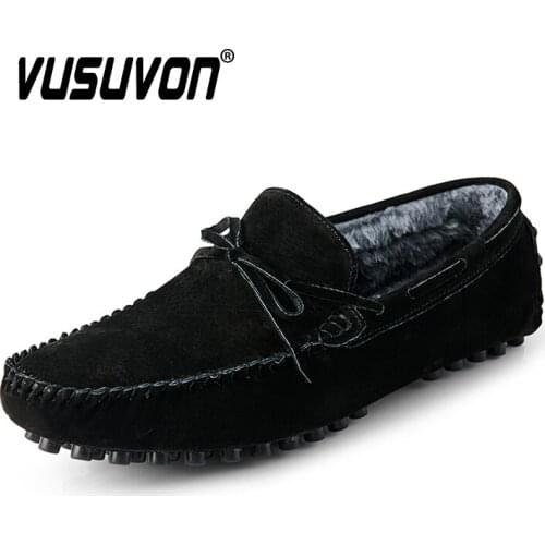Fashion Loafers Men Genuine Leather Fur Winter Shoes Comfortable Moccasins Driving Shoes Warm Plush Mens Flats Big Size 45