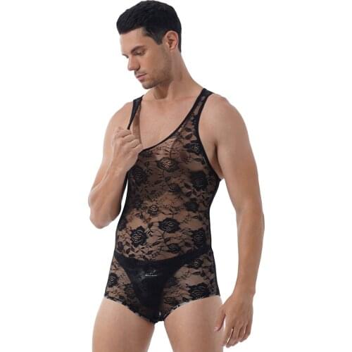 Mens See Through Sheer Lace Bodysuit Flower Pattern Skinny Catsuit Round Neck Sleeveless Bodycon Jumpsuits Erotic Leotard Romper