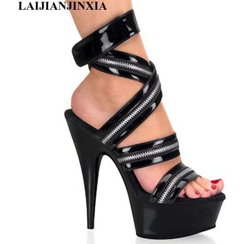 New sexy zipper high heels, summer womens sandals, 15cm high quality baking paint, banquet, dancing shoes