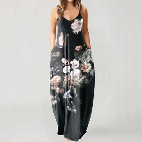 Ladies Summer Casual Loose Flowers Print Maxi Long Dress Sleeveless With Pockets Dresses V-neck Straight Camisole Sundress Robes