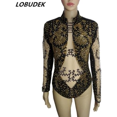 Rhinestones See-through Jumpsuit Zentai Gold Black Sparkly Crystal Bodysuit Nightclub Female Singer Costume Host Stage Outfit