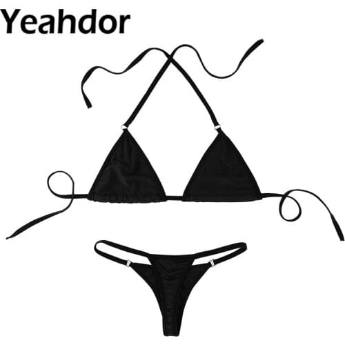 Sexy Lingerie Set for Women Halter Neck Mini Micro Bikini Bra Top with G-String Briefs Underwear Bathing Suit Beachwear