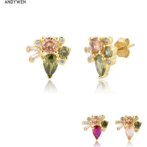 ANDYWEN 925 Sterling Silver Olive Champagne Big Stud Earring Women Luxury Piercing Crystal Fashion Fine Jewelry Ohrringe