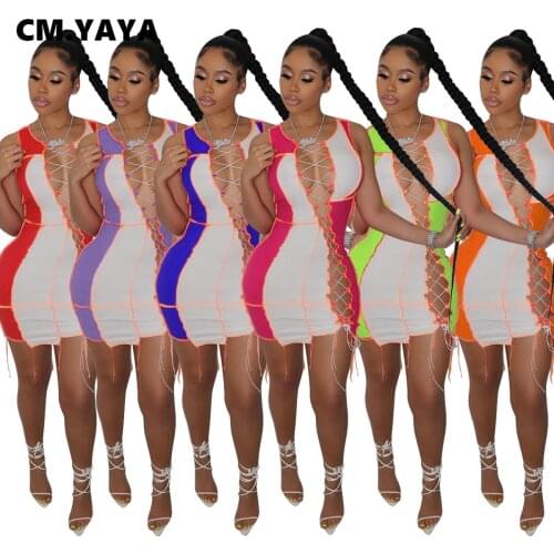 CM.YAYA Women Dress Patchwork Sleeveless Bandage Sheath Elastic Mini Dresses Sexy Night Club Bar Dresses Summer Outfits 2021