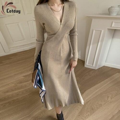 Slim Pullover Dresses Women Knitted Sweater Chinese Wrap Ladies Midi Dress Vestido Evening Party Crochet Low Retro