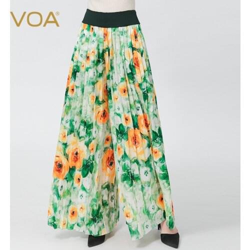 VOA Silk Jacquard Safflower Green Trousers Leaf Natural Waist Oblique Pocket Fold Printing Splicing Long Wide-leg Pants KE551