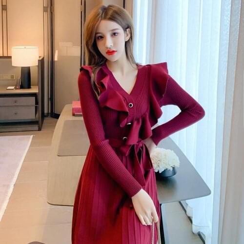 High quality Women Party Dresses 2021 Spring Autumn Runway Black Red Ruffles Casual V-neck Sexy Dress Long Sleeve Lace-UP Dress
