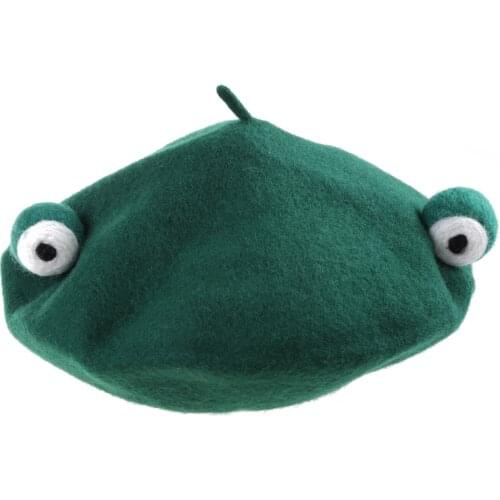 Japanese Women Cute Green Frog Eyes Beret Cap Winter Warm Faux Wool Kawaii Vintage Artist Painter Cosplay Beanie Hat
