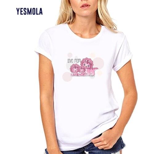 YESMOLA Womens T-shirt Cartoon Dinosaur Pattern Love Mom Female Cotton O-neck Men Women Casual Tees Top Summer Tops Tees