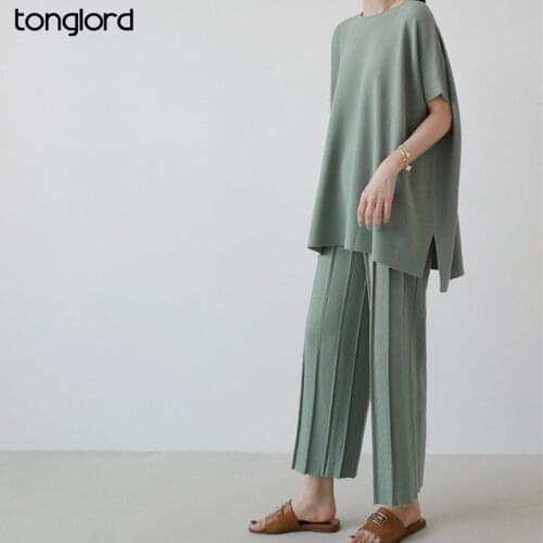 Bat Sleeve Tops Striped Long Wide Leg Pants Two Piece Suits Women Summer Thin Sweater Pullover And Ice Silk Trousers Female Suit