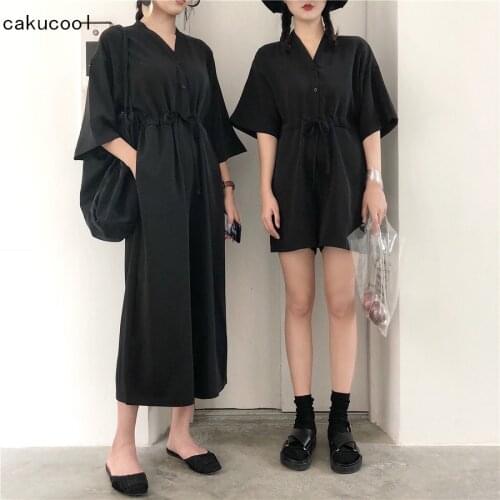 Cakucool Women Casual V-neck Jumpsuit Overalls Korean Long Sleeve Empire Wide Leg Pant Playsuit Jumpsuits Rompers Femme Black