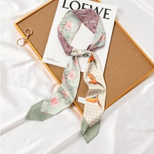 Yishine Birds Flowers Print 7cm*130cm New Women Brand Bag Silk Scarf Long Head Skinny Handle Bag Scarves Wraps New 2021