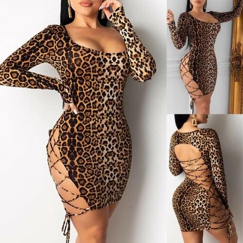 Hot Sale Women Sexy Long Sleeve Bandage Bodycon Party Club Mini Dress Female Leopard Sexy Criss Cross Hollow Out Mini Dresses