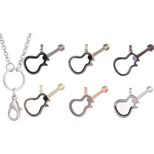 10pcs/lot Alloy Guitar shape Magnetic Glass Living Floating charms Locket Pendant Floating Locket With Free 60cm Chains 6 colors