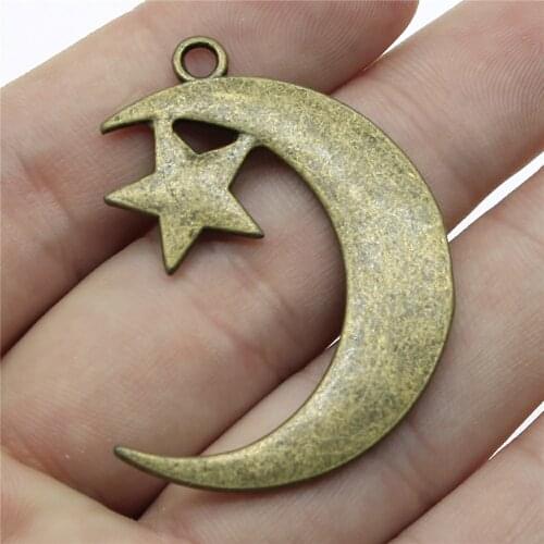 2pcs 44x33mm Vintage Crescent Moon Star Pendants Charm Jewelry Making Antique Bronze Color