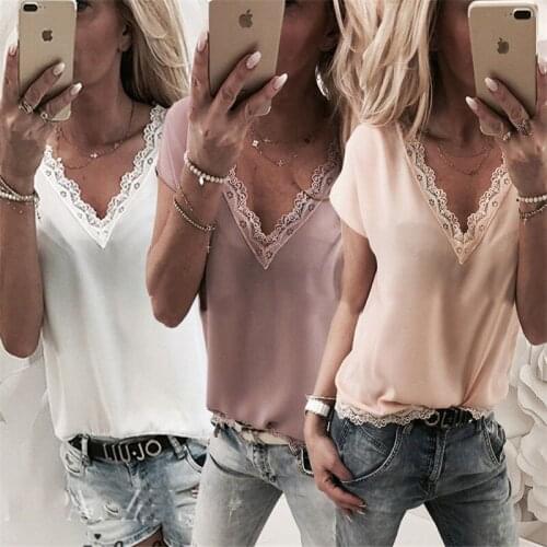 2020 New Women Summer T Shirt Top Casual Loose Sleeveless Solid Lace Patchwork V-neck Chiffon Female Shirts Tops