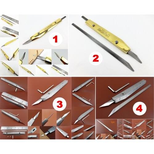 4kinds Leather Craft Brass/Swiss Damascus Steel Handle Cut Carve Knife Cutter Tool Sewing Stitch Carving Stamping Groover Skiver