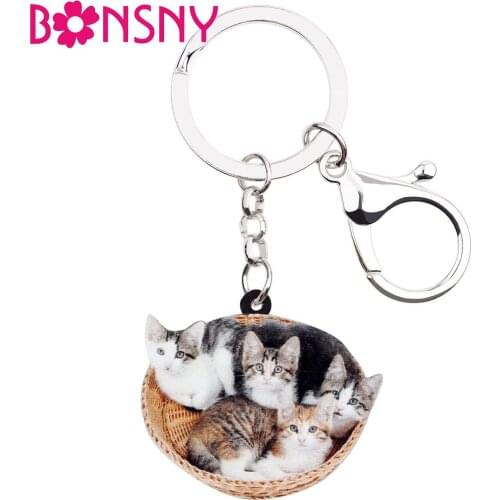 Bonsny Acrylic Sweet Basket Cat Kitten Key Chains Keychains Holder Cute Animal Gift Pets Jewelry For Women Girls Bag Car Pendant