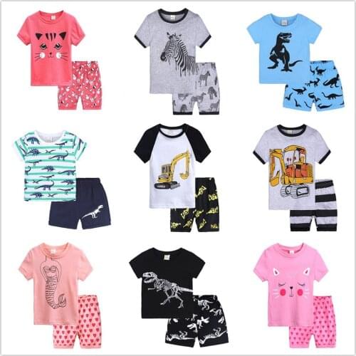 Hooyi Baby Boys Sleepwear Children Girl Cartoon Pajama Sets Kid Summer Short Sleeve T-shirt Pants Clothes 2 pieces Set