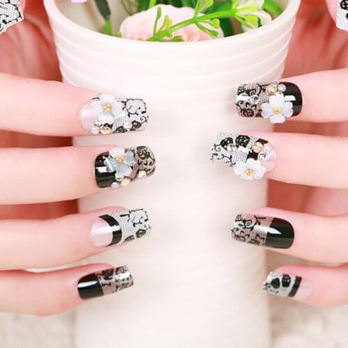 24pcs 3D Shining Rhinestone False Nails Ladies Sexy Black Color Flower Fake Nail Beauty Simulation Pearl Nail Art Tips with Glue