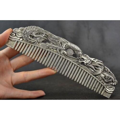 Chinese Old Decoration Collectibles Handwork Tibet Silver Carving Dragon Comb A