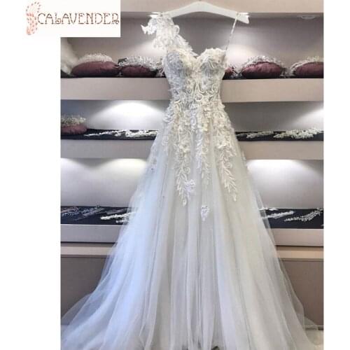 One-shoulder Lace Wedding Dresses A-Line with 3D Flowers vestido novia Crystals Beaded Bride Dress Wedding Gowns