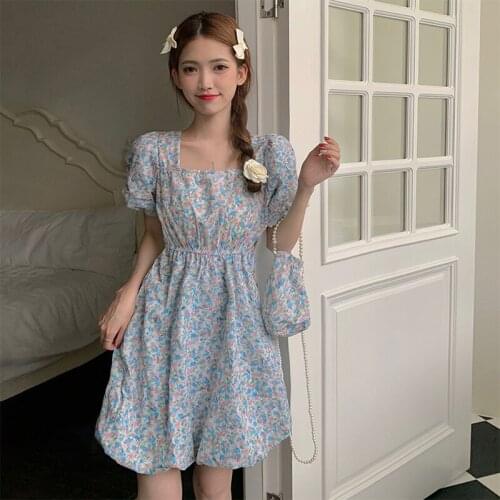 Sweet Women Dress French Puff Sleeve Square Collar Floral Dresses Soft Girly Aesthetic All-Match A-Line Costume Free Backpack